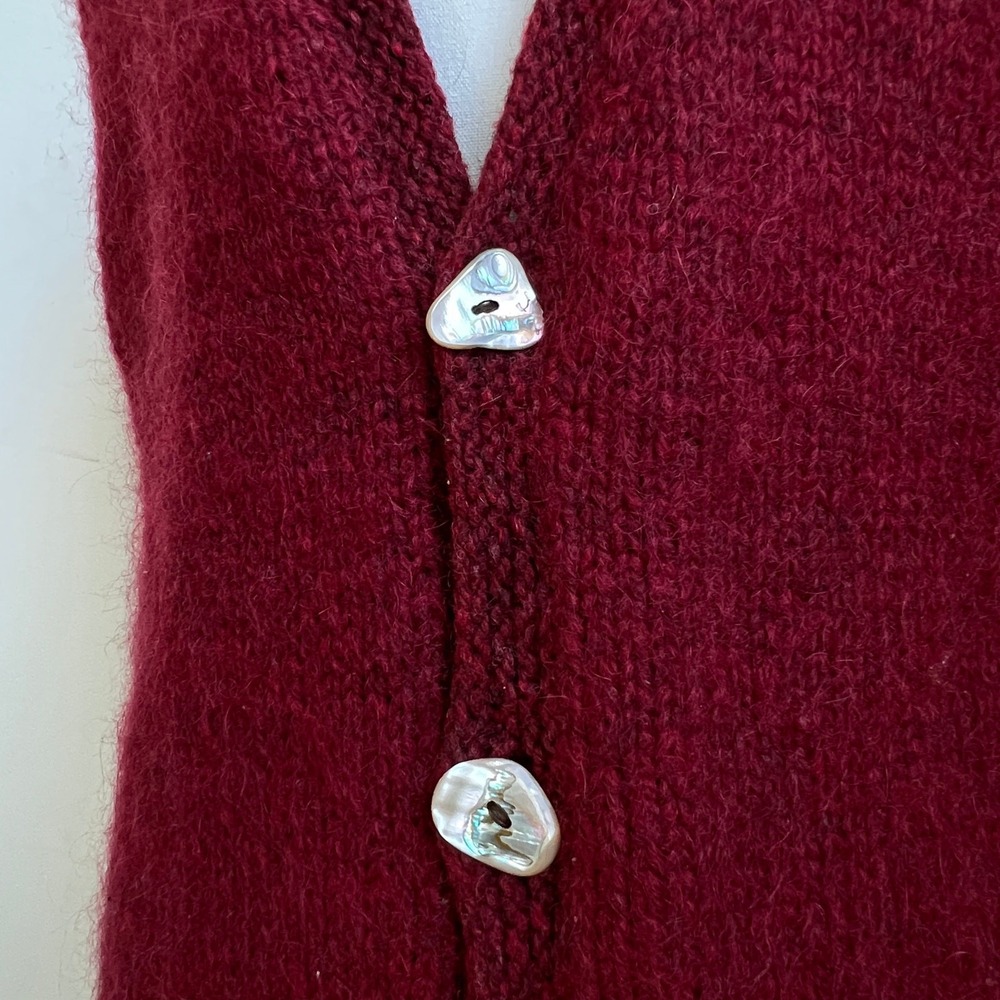 Vintage Burgundy Wool Cardigan Sweater Vest Luxury Knit Shell Buttons Modernist - Picture 7 of 10